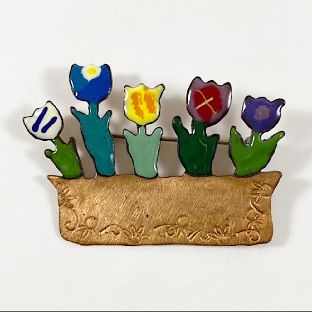 Colorful enameled copper flower box brooch